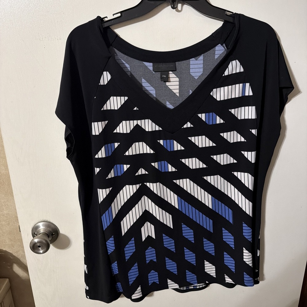 Worthington Petite Womens V-Neck Blouse PXL CapSleeve Geometric Black Blue White